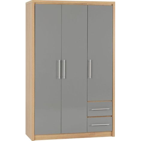 Seville 3 Door 2 Drawer Wardrobe - L47 x W111 x H180 cm - Grey High Gloss/Light Oak Effect Veneer (1/4)