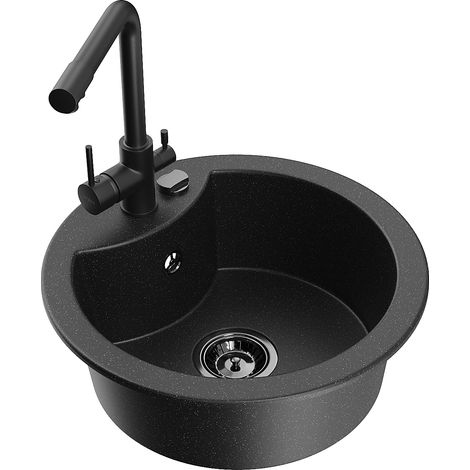 Mexen Diego lavello da cucina in granito a 1 vasca con miscelatore cucina Duero, nero/argento metallizzato - 6512-73-671600-70-B (1/5)