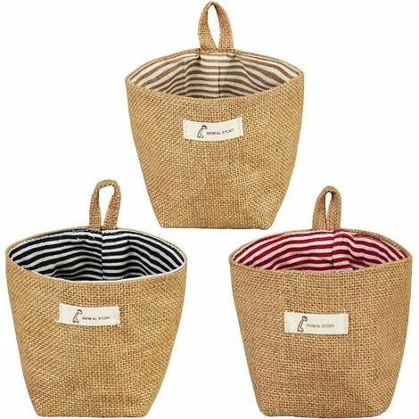 Lot de 3 paniers de rangement suspendus en coton, pliables, sacs de rangement, poubelles pour porte murale ou armoire (rayés) (1/5)