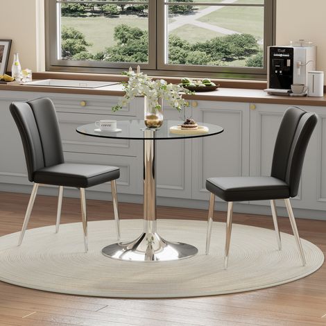 Esszimmergarnitur aus Glas, Metall und PU in Schwarz/Silber, runder Tisch 85x85x76 cm mit 2 Stühlen