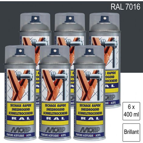 Lot de 6 peintures aérosol RAL 7016 gris anthracite brillant 400ml – Anticorrosion – Résistant aux chocs et éraflures – Séchage rapide – Motip