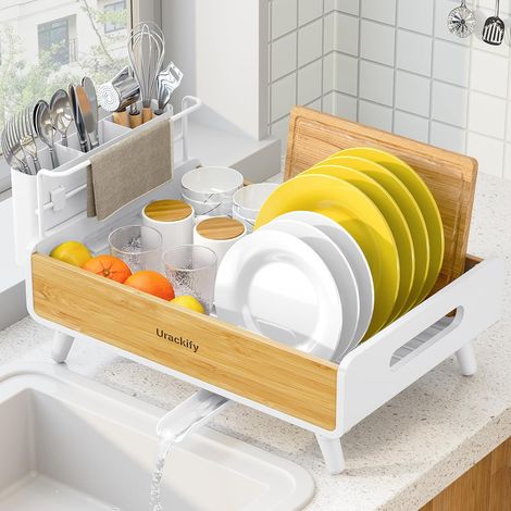 Égouttoir à Vaisselle, INOX Acier Inoxydable et Bambou, Porte-Ustensiles Amovible, Auto-Vidange, pour Comptoir (1/5)