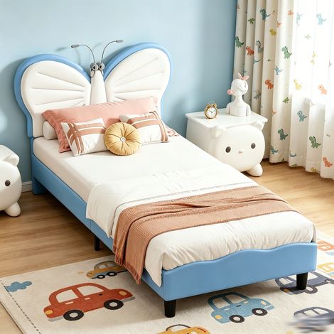 lit simple 90x190cm avec LED, Lit enfant, Tête de lit papillon réglable, Sommier à Lattes, Lit 1 place, velours+PU, Bleu