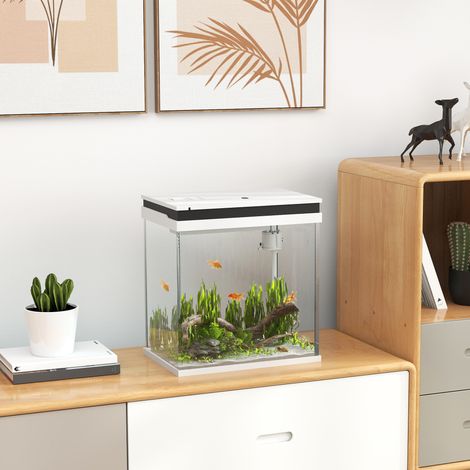 Piccolo acquario completo in vetro da 14 litri con sistema di filtraggio, illuminazione a LED e pompa dell'acqua. 30 x 20 x 33 cm, bianco.