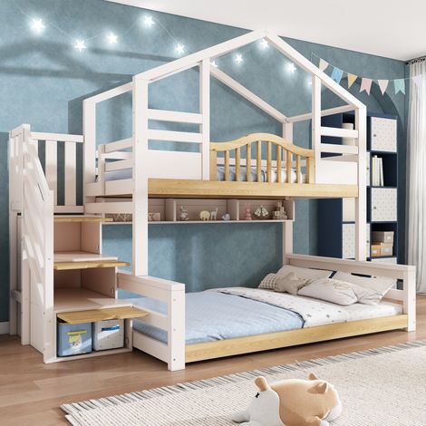 Lit Superposé enfant 90x200 et 140x200 Lit cabane avec 3 escalier rangementt et etagères, Bois Massif, Blanc (1/5)