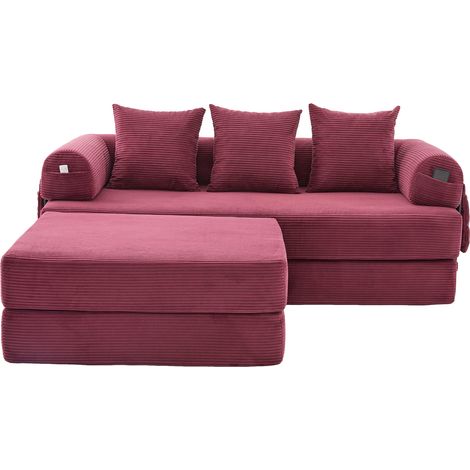 ELVMI Sofá modular con puf y 3 cojines, bolsillo lateral, estructura metálica, en pana, Rojo vino (1/5)