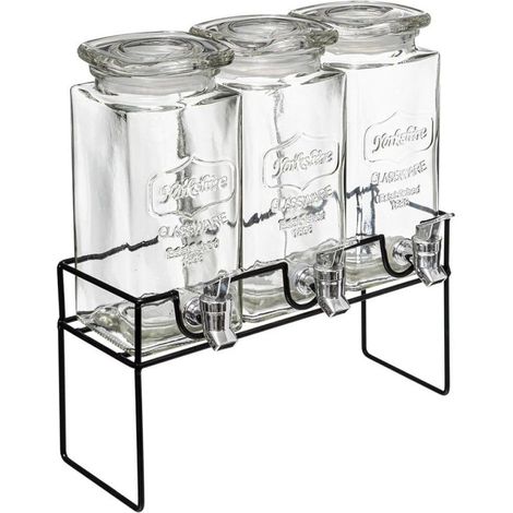 Distributeur de boissons en verre avec support métal – 3 bouteilles de 1,5 L – Pour cocktails, limonade, eau – Nettoyage facile – Secret De Gourmet