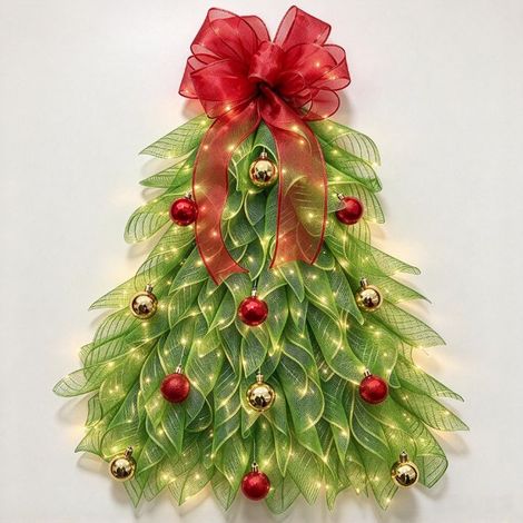 Couronne de porte créative en forme de sapin de Noël – Couronne suspendue verte avec lumières (lumière chaude) (1/3)