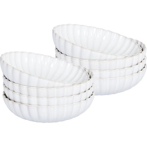 Conjunto de 8 platos hondos soperos de gres caolín artesanal acabado esmalte reactivo blanco Nettle (1/5)