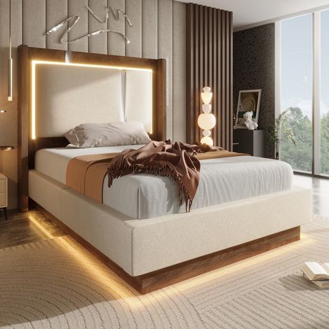 Lit coffre 1 place 90x200 cm rembourré-LED multicolore-coffre hydraulique-sommier à lattes-lin beige et placage noyer-sans matelas (1/5)