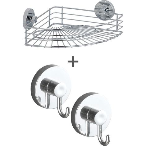 Etagère de douche Vacuum-Loc sans perçage chromée 3 pièces étagère d'angle et crochet salle de bain fixation sans perçage accessoires de douche sans perçage et porte-serviettes sans perçage (1/5)