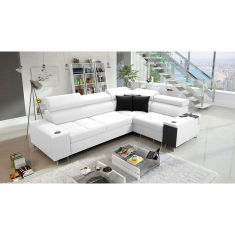 Elegantes Ecksofa mit Konsole und Ladegerät MORENA II Kunstleder Weiß Rechts (1/5)