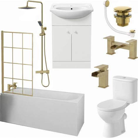Complete Bathroom Suite Brass Bath Shower Screen Basin Vanity Taps Toilet 1700