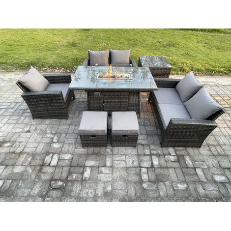 Fimous Rattan Gartenmöbel im Freien Gas Feuerstelle Tisch Sets Gasheizgerät mit Liebes-Sofa Stuhl Beistelltische 2 Kleiner Fußhocker 7-Sitzer Dunkelgrau Gemischt (1/5)