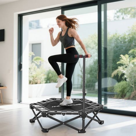 Trampoline de fitness pliable de 104 cm avec barre réglable en hauteur (3 niveaux), cadre métallique renforcé et sac de transport (104 x 104 x 114 cm). (1/5)