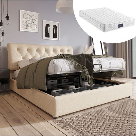 Cama con espacio de almacenamiento de lino natural 140x200 cm, cabecero ajustable, somier de láminas y colchón incluido (1/5)