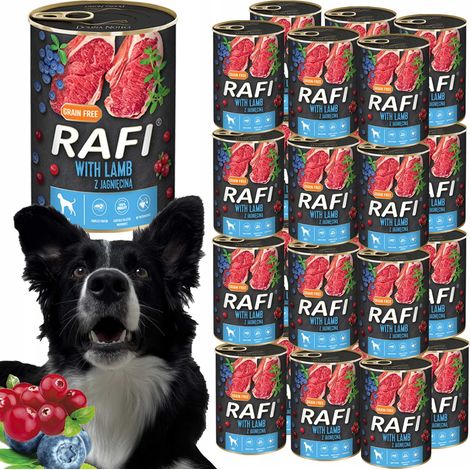 Alimento húmedo para perros RAFI con cordero, arándanos azules y arándanos rojos 400 g - 24 unidades.