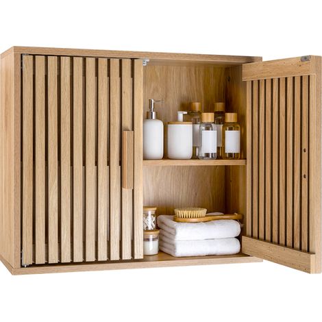 Armoire Murale Salle de Bain avec 2 Portes à Lattes Meuble WC Suspendu en Bois avec Étagère Réglable et Amovible, pour Salon, Cuisine, 60,5x20x50 cm