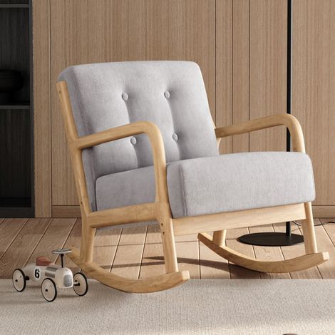 Grey Contemporary Linen Buttoned Rocking Chair (1/5)