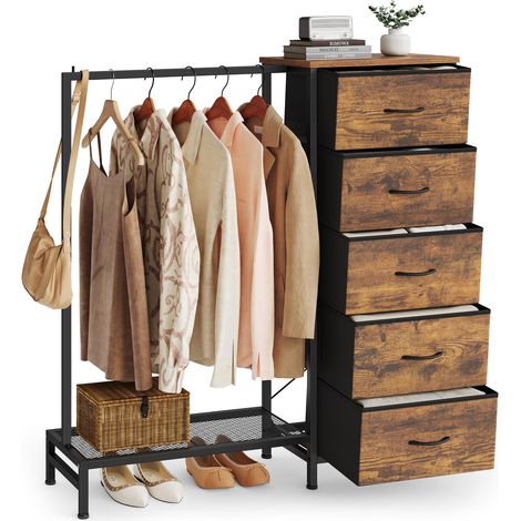Commode Chambre, Portant à Vêtements avec 5 Tiroirs, Meuble de Rangement, Tringle, Étagère Chaussure, 96,2 x 30 x 117,7 cm, pour Chambre, Entrée, Marron Rustique (1/5)