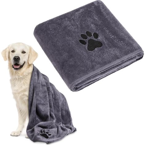Serviette pour Chien Extra Absorbante, 140x70cm Grande Serviette de Bain pour Chien, Serviettes pour Chiens Microfibre Serviettes Chiens Douce pour Bain, Baignade et Jours de Pluie, Gris (1/5)