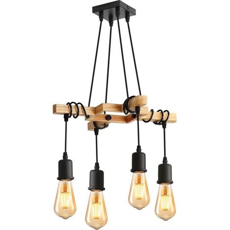 Suspension Luminaire Industriel, Plafonnier lustre en Bois E27, Luminaire Plafonnier Vintage Noir Réglable en Hauteur pour Salon Cuisine, Chambre, 4 Ampoules NON INCLUSES (1/5)