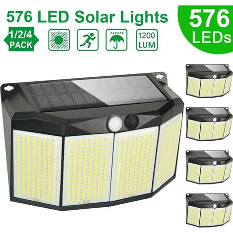 (4 lampes LED 576) Projecteur de sécurité solaire extérieur avec détecteur de mouvement et 3 modes d'éclairage, étanche, compatible avec allées, jardins et garages. (1/5)