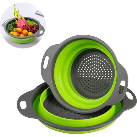 Zusammenklappbares Abflusssieb aus Silikon, tragbarer Abfluss für Lebensmittel, Obst und Gemüse, 2 Silikonfilter, platzsparendes zusammenklappbares Küchensieb
