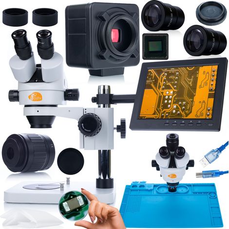 Conjunto de microscopio Rosfix Mercury Pro MSMP-T-PS1 + c谩mara Crux PRO KMCP-HDMI-USB + iluminador LED de 56x + tapete de silicona de 480x320 mm + soporte con pantalla de 8".