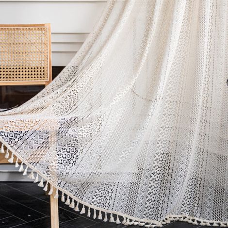 Vintage Style Rideau Boho Bohème Rideaux Beige Semi-Transparent avec Gland 2 pièce Rideaux Extérieur Coton pour Salon Chambre Rideaux Moderne 150x160 cm (1/5)