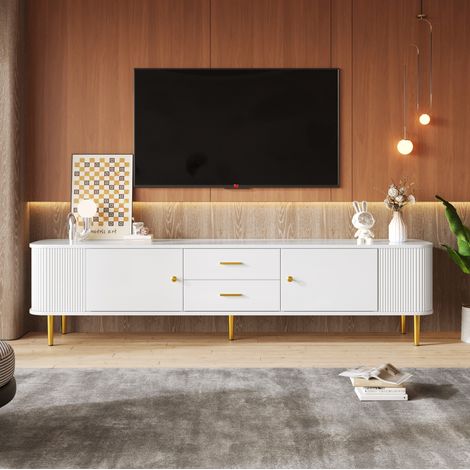 Mueble TV Con Cajones, Esquinas Redondeadas, Laterales Ondulados, Asas Y Patas Doradas (1/5)