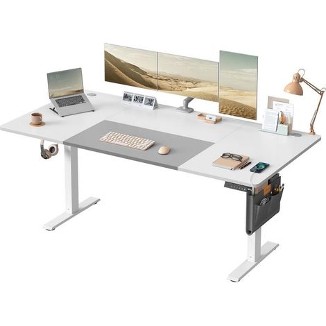 Bureau électrique réglable en hauteur 180 x 80 cm fonction mémoire 4 hauteurs pour télétravail en panneau de particules blanc (1/2)