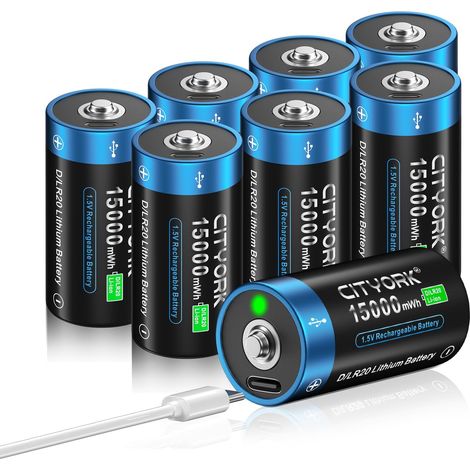 15000mWh 1,5v USB D Batterie Rechargeable avec câble de Chargement USB-C (8 Packs), Piles Mono D LR20, Batterie Rechargeable USB D au Lithium-ION, Plus de 1000 Cycles et Recyclable (1/5)