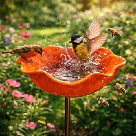 Décoration de jardin mangeoire à oiseaux fleur en métal – bain d’oiseaux décoratif sur piquet, accessoire extérieur pour nourrir les oiseaux et embellir jardin, terrasse et pelouse, Orange (1/5)