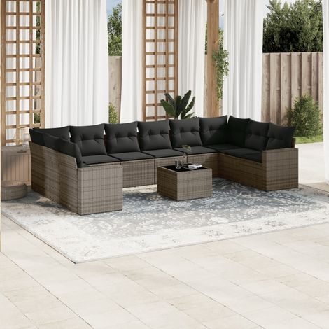 11-tlg. Garten-Sofagarnitur mit Kissen Grau Poly Rattan (1/3)