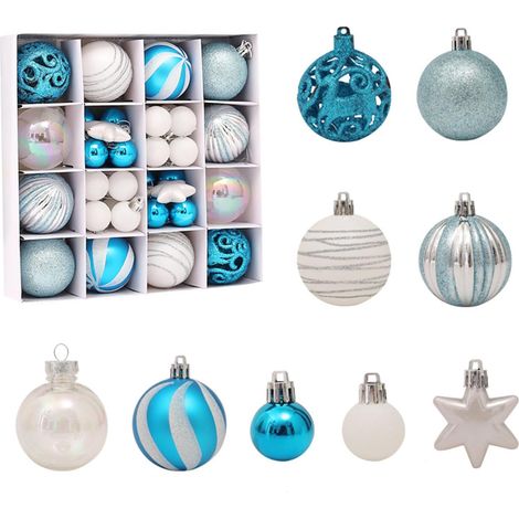 Lot de 42 boules de Noël en plastique incassable – Petites boules de Noël – Décorations à suspendre pour sapin de Noël, fêtes(bleu blanc) (1/5)