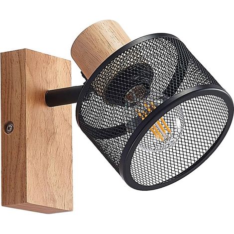 Lampada da parete di design in ferro e legno GOECO, nera e legno naturale, 16x10x20 cm, attacco E27, lampadina non inclusa, ideale per casa, ufficio, ristoranti, bar, design industriale, alta qualità, (1/5)