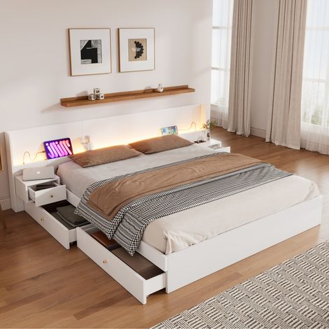 Doppelbett 180/200 cm weiß aus MDF mit LED-Beleuchtung, USB und 2 Nachttischen (1/5)