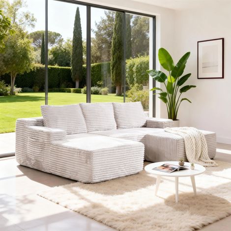 MIMO Modular Corduroy L-Shaped Sofa, Convertible Sectional Couch with Ottoman, Removable Cover & Side Pocket, Crey