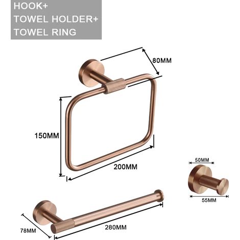 (Ensemble de 3 pièces B) Accessoires en or rose brossé : porte-brosse de toilette, porte-papier toilette, barre porte-serviettes, crochet de suspension, porte-savon (1/5)