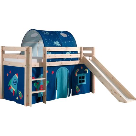 Lit toboggan 90x200 avec tente et tunnel astra pin massif clair Pino (1/3)