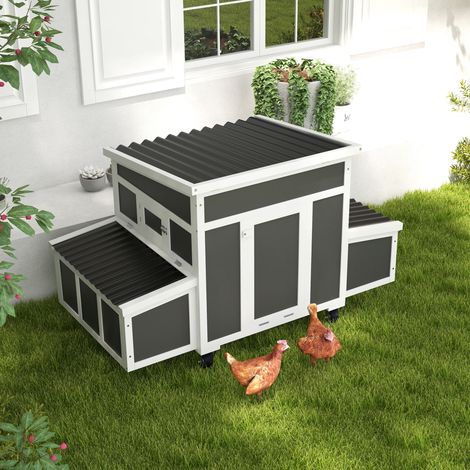 Poulailler 1 6 Bois Gris Argent poules 2 nids toit ouvrant plateau escamotable