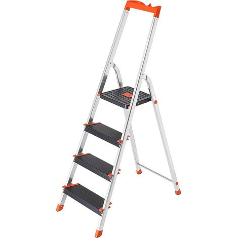Échelle 4 marches en aluminium escabeau largeur de la marche 12 cm pliable plateau à outil pieds antidérapants capacité de charge 150 kg noir