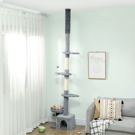 Arbre à chat du sol au plafond, tour à chat réglable en hauteur 225-255 cm à plusieurs niveaux, revêtement peluche, gris (1/5)