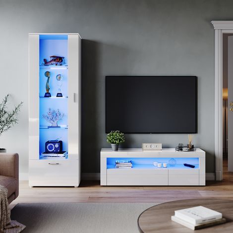 ELEGANT Living Room Set 1200mm TV Stand Display Cabinet Sideboard with RGB LED Lights White Gloss Storage Unit Style 5 (1/5)