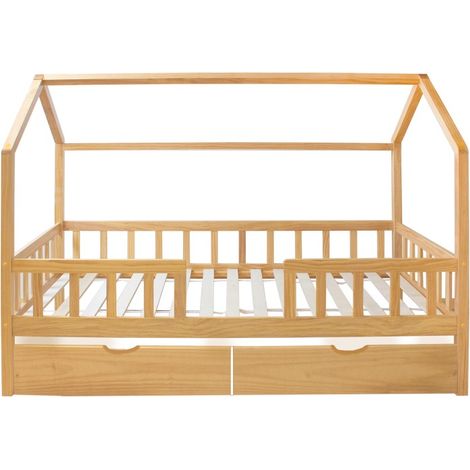 Cama casita con barandilla + 2 cajones madera pino 90x190cm