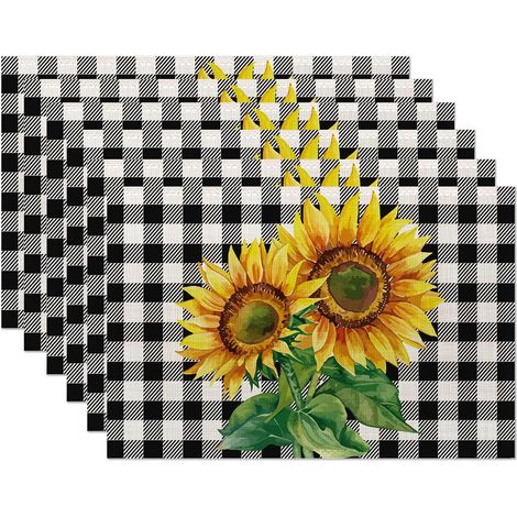 Manteles individuales vintage con estampado de girasoles, manteles individuales a cuadros blancos y negros, 30 x 45 cm, resistentes al aceite (6 piezas) (1/5)