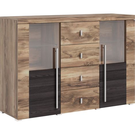 Cómoda Sorciro 109, Nuez + Roble oscuro, Con cajones y puertas, Número de cajones: 4, 92x132x39cm