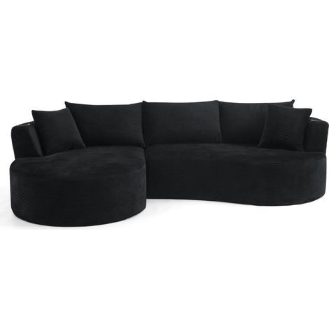Sofá de 3 plazas con chaise longue izquierda, tejido de pana suave, negro, con posavasos y cojines (1/4)