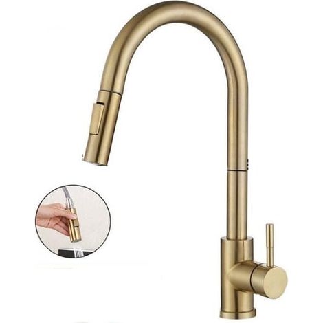 Robinet de cuisine avec pulvérisateur extractible, robinet de Bar à trou unique en acier inoxydable, poignée unique, or brossé
